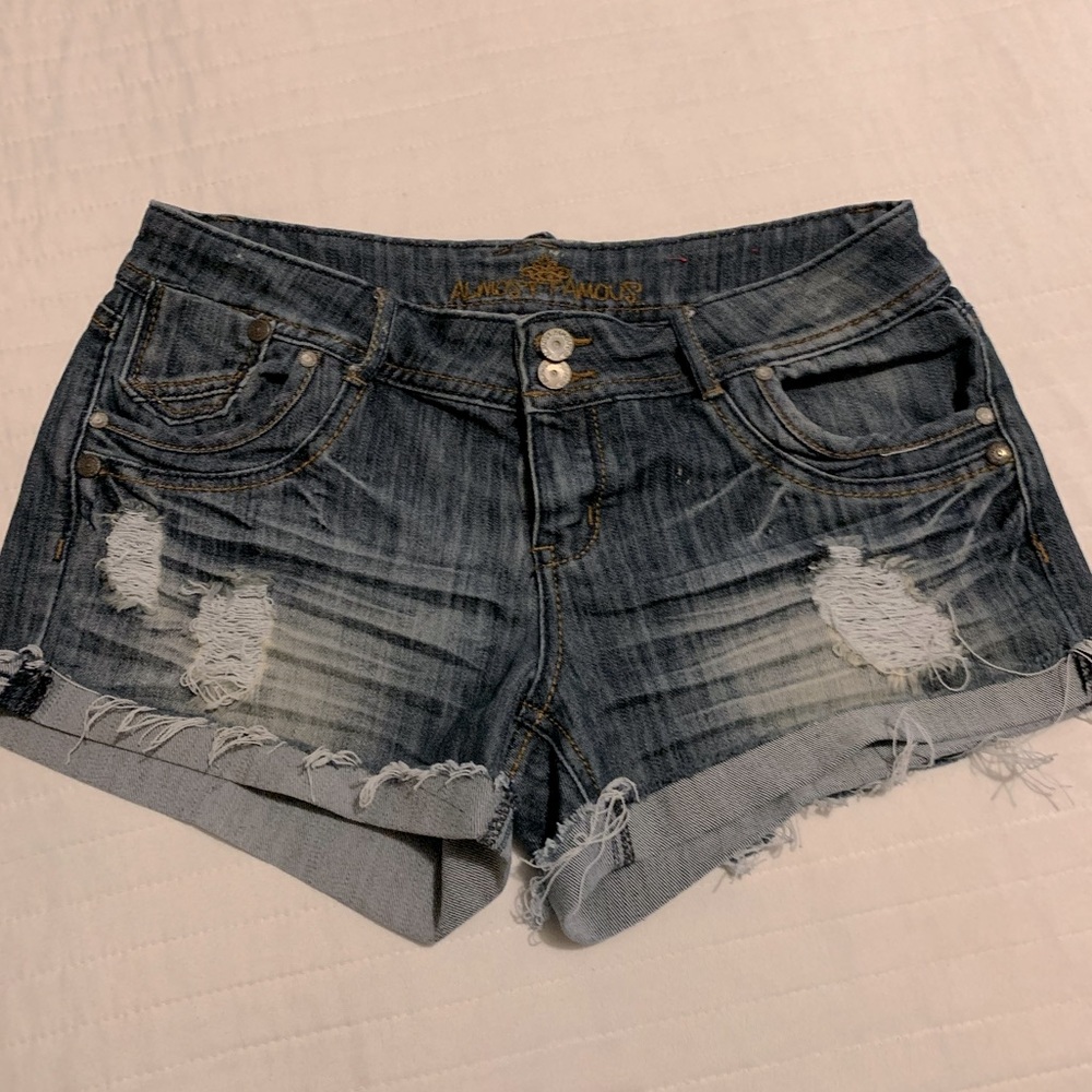 Almost Famous Women's Size 13 Juniors-Blue Denim Distressed Jean Shorts